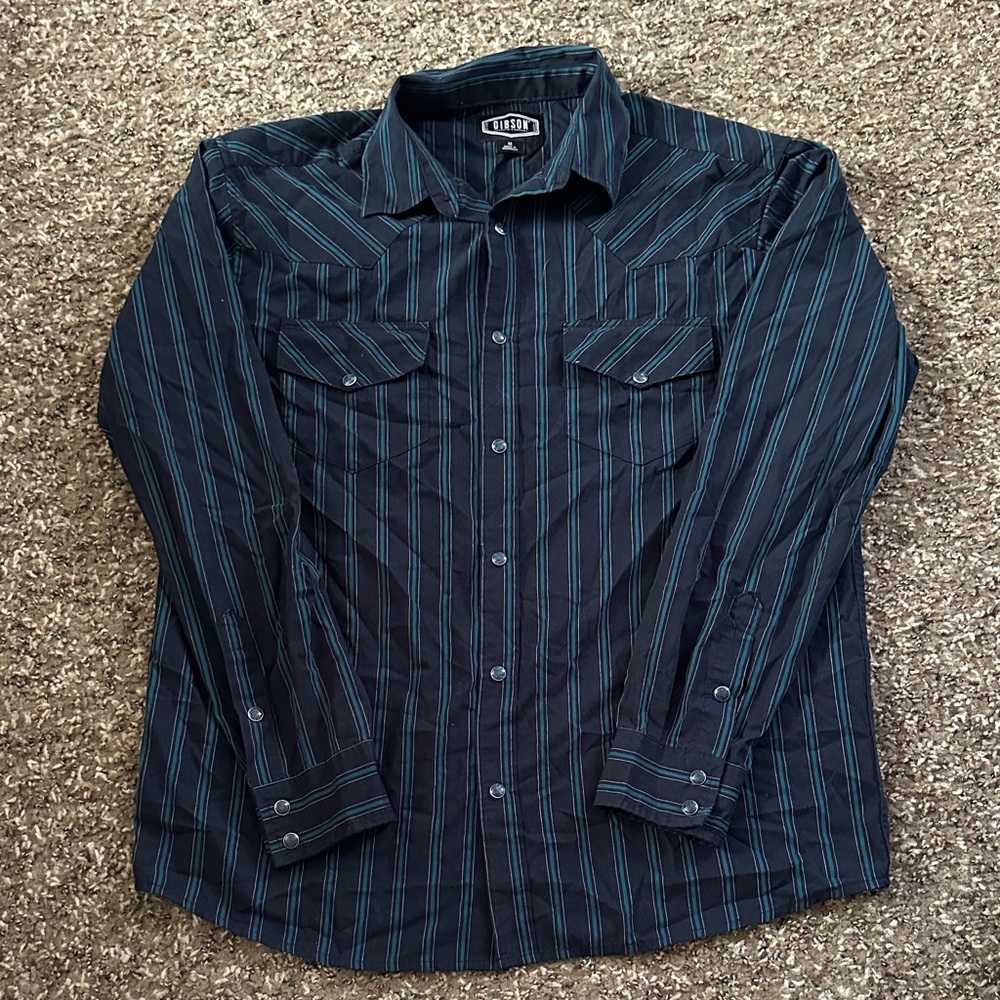 Gibsons Navy and Teal Striped Pearl Snap Shirt